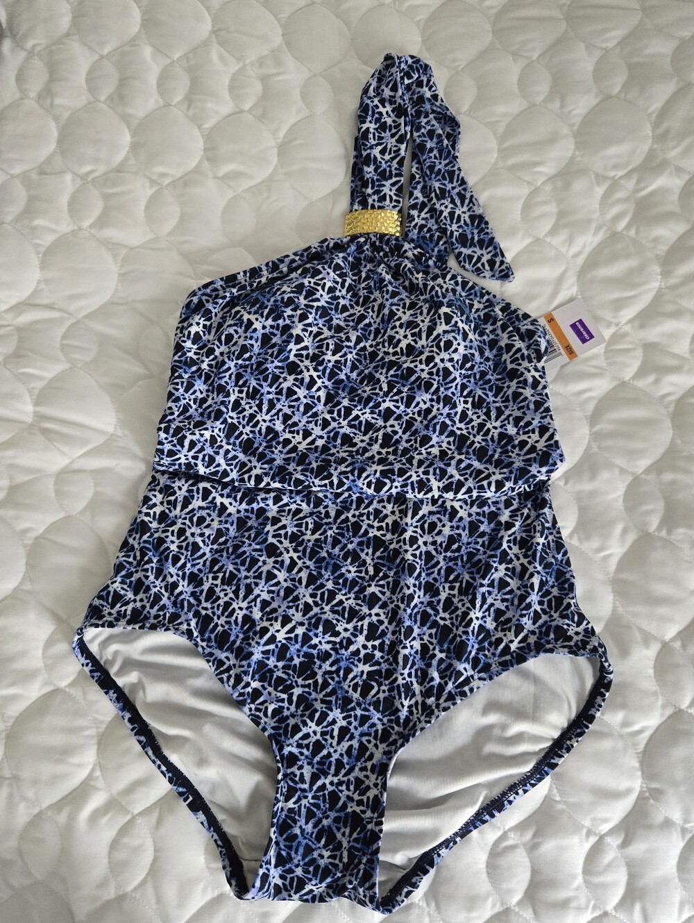 Michael Kors Navy and White One-Shoulder Swimsuit with Gold Detail